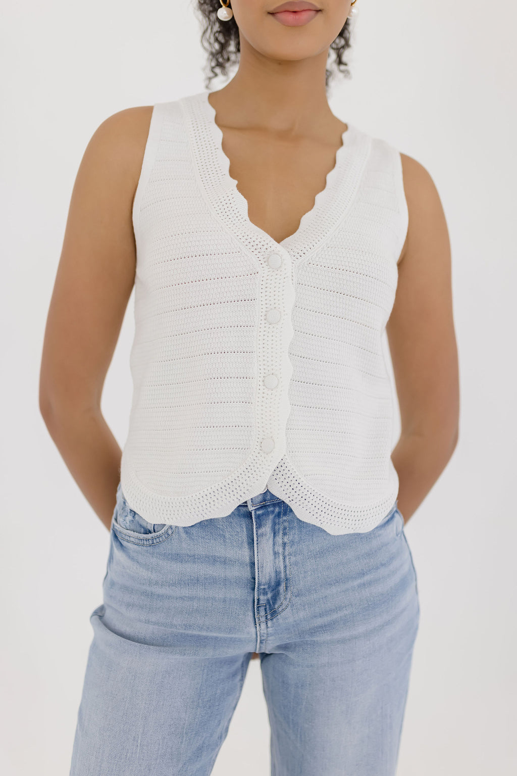 Sleeveless Button Down Crochet Knit Sweater Top White