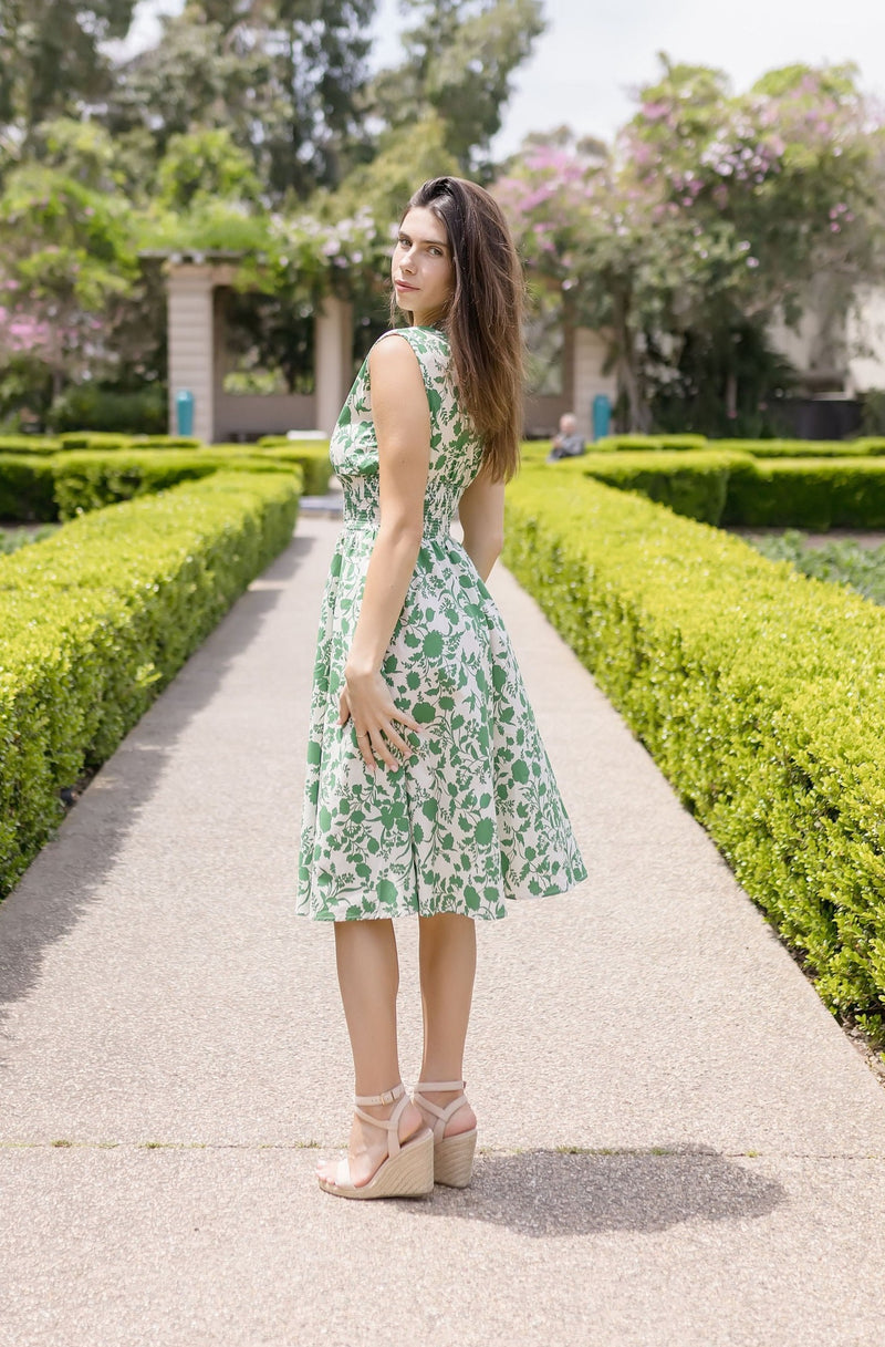 Shoulder Pad Sleeve Floral Print Midi Dress Green