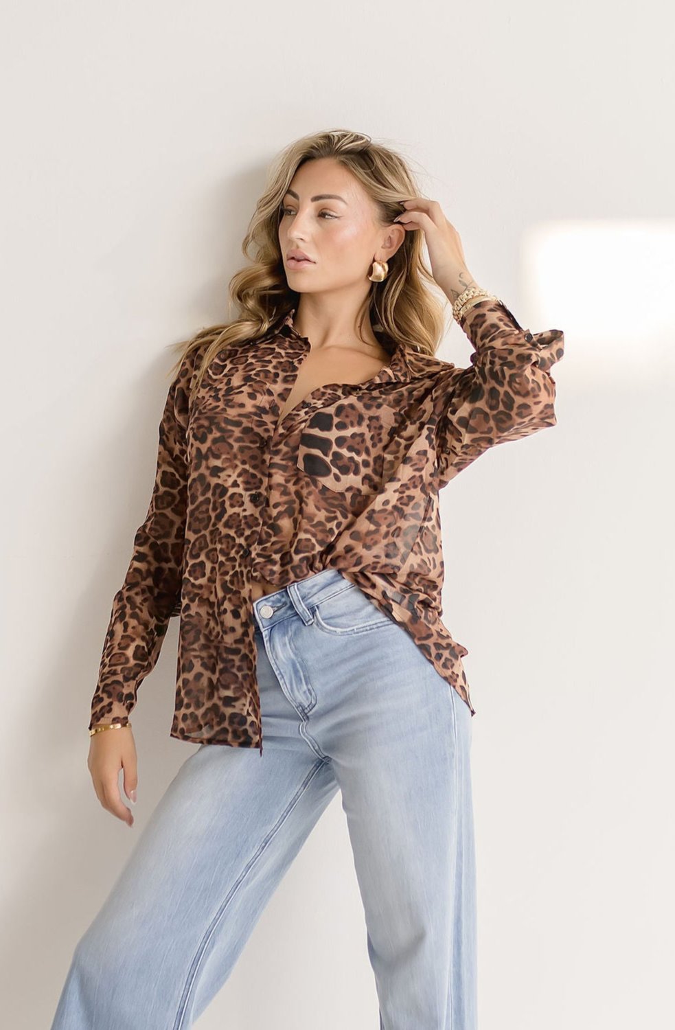 Long Sleeve Button Down Leopard Print Top Brown