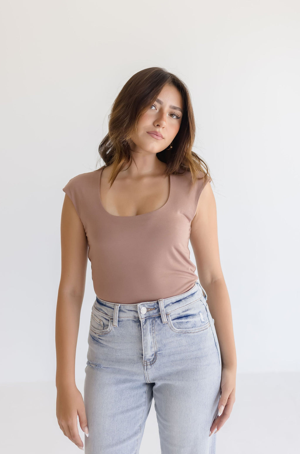 Cap Sleeve Scoop Neck Top Taupe