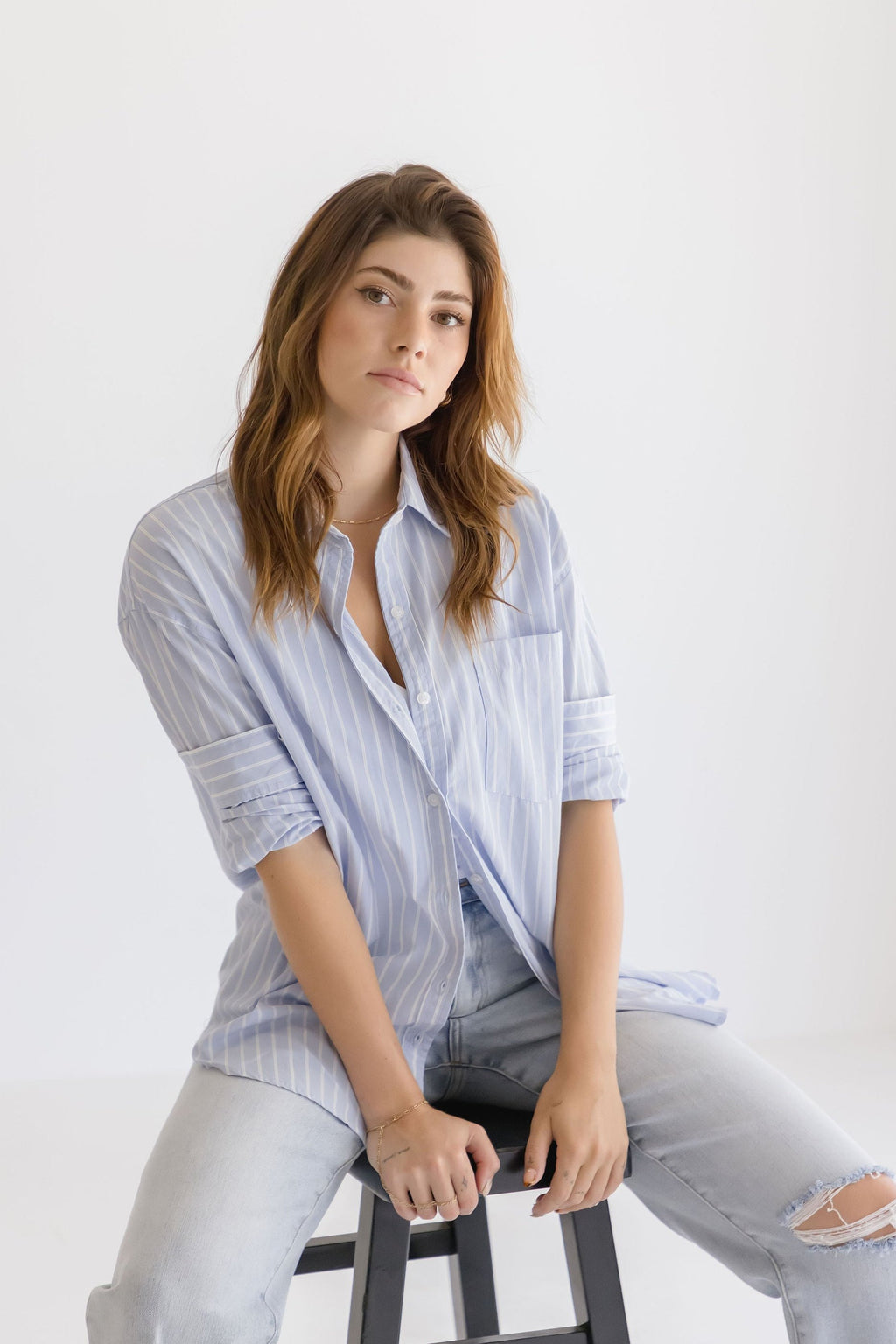 Long Sleeve Button Down Oversized Stripe Print Top Light Blue