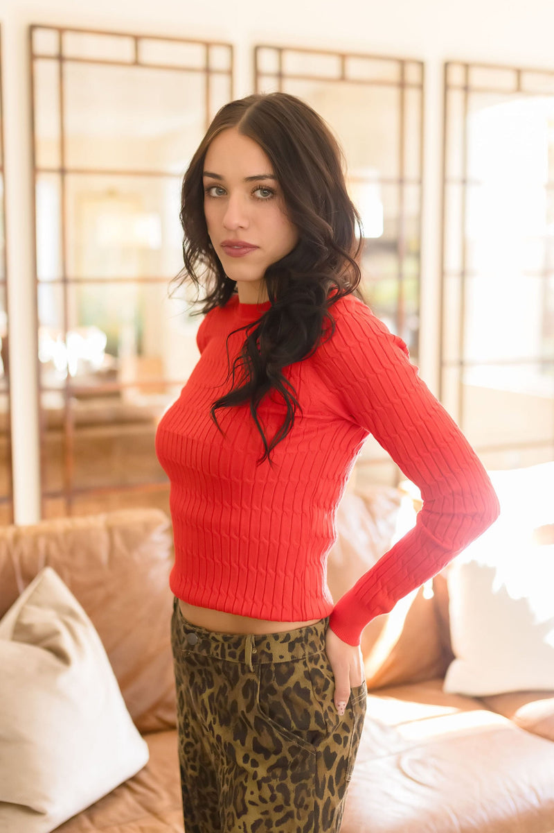 Long Sleeve Cable Knit Sweater Top Red