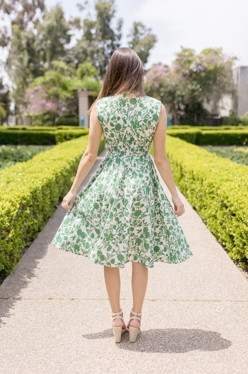 Shoulder Pad Sleeve Floral Print Midi Dress Green