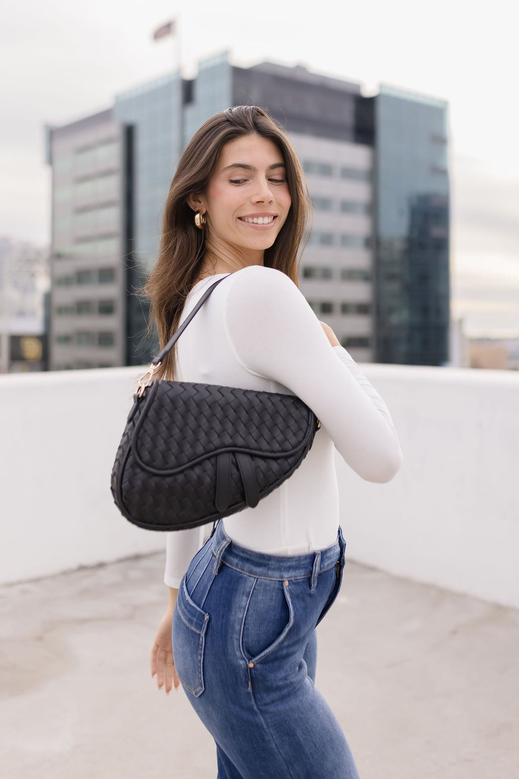 Vegan Leather Woven Shoulder Purse Black