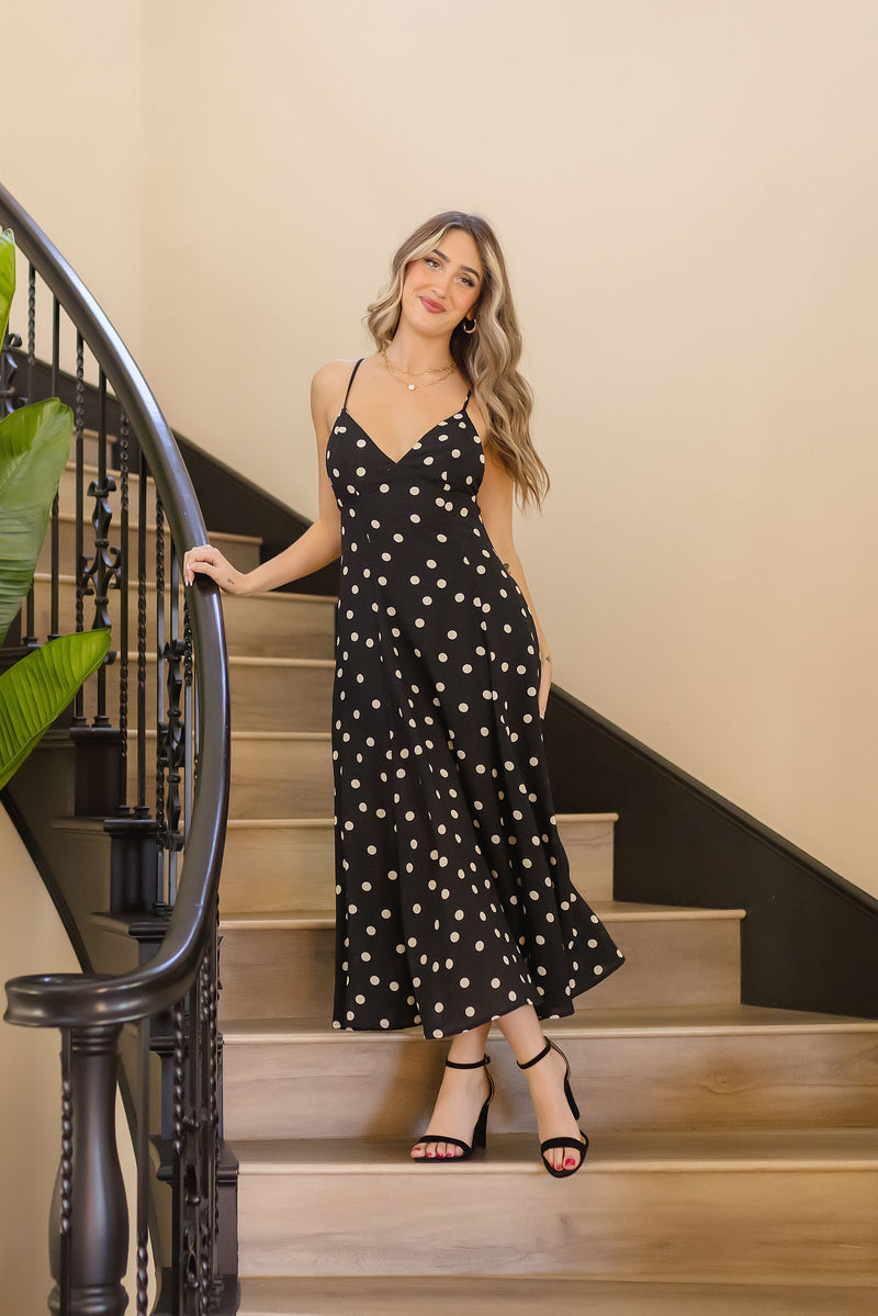 Sleeveless Back Tie Polka Dot Print Maxi Dress Black