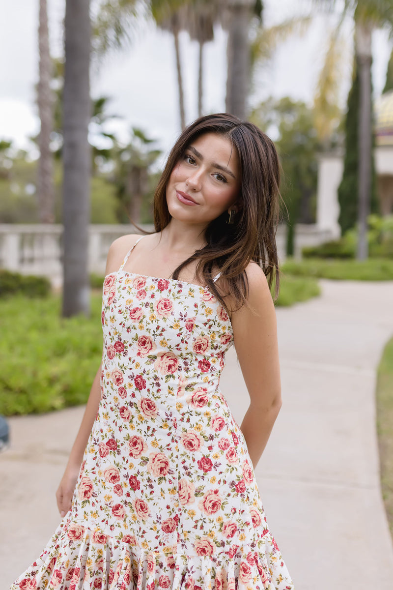  Sleeveless Floral Print Ruffle Mini Dress Red