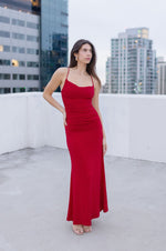 Sleeveless Cowl Neck Ruched Maxi Dress Red