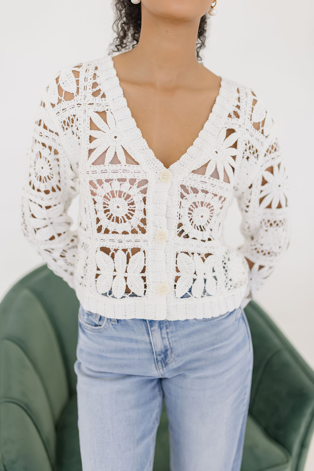 Long Sleeve Cropped Crochet Cardigan White