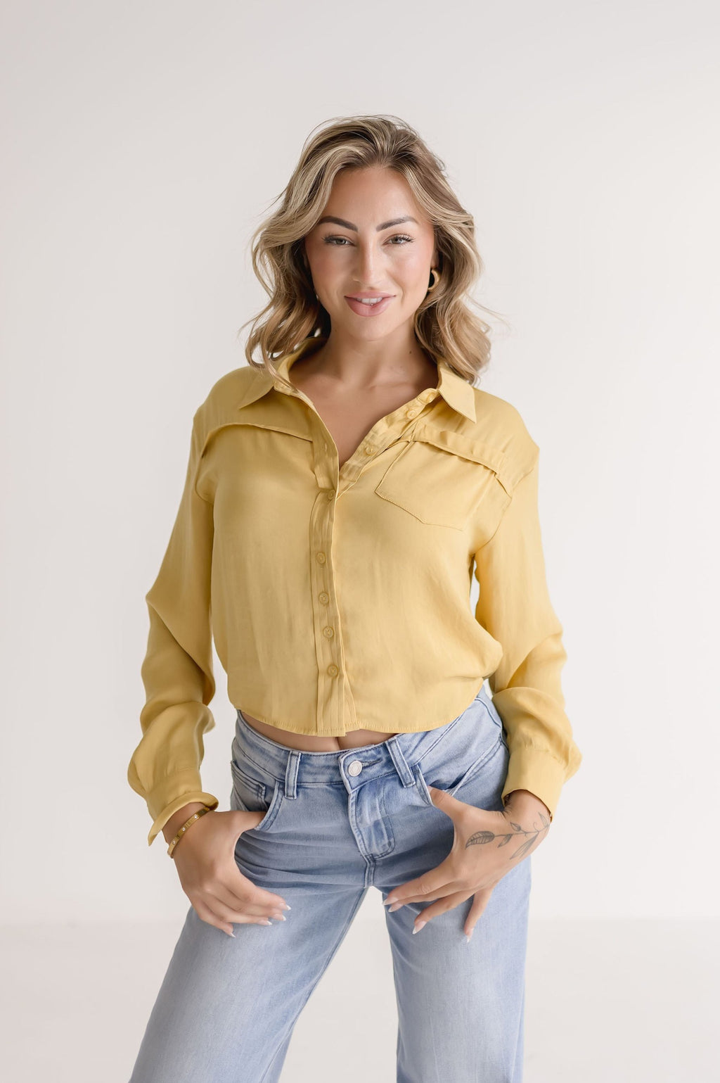 Long Sleeve Button Down Cropped Satin Top Yellow