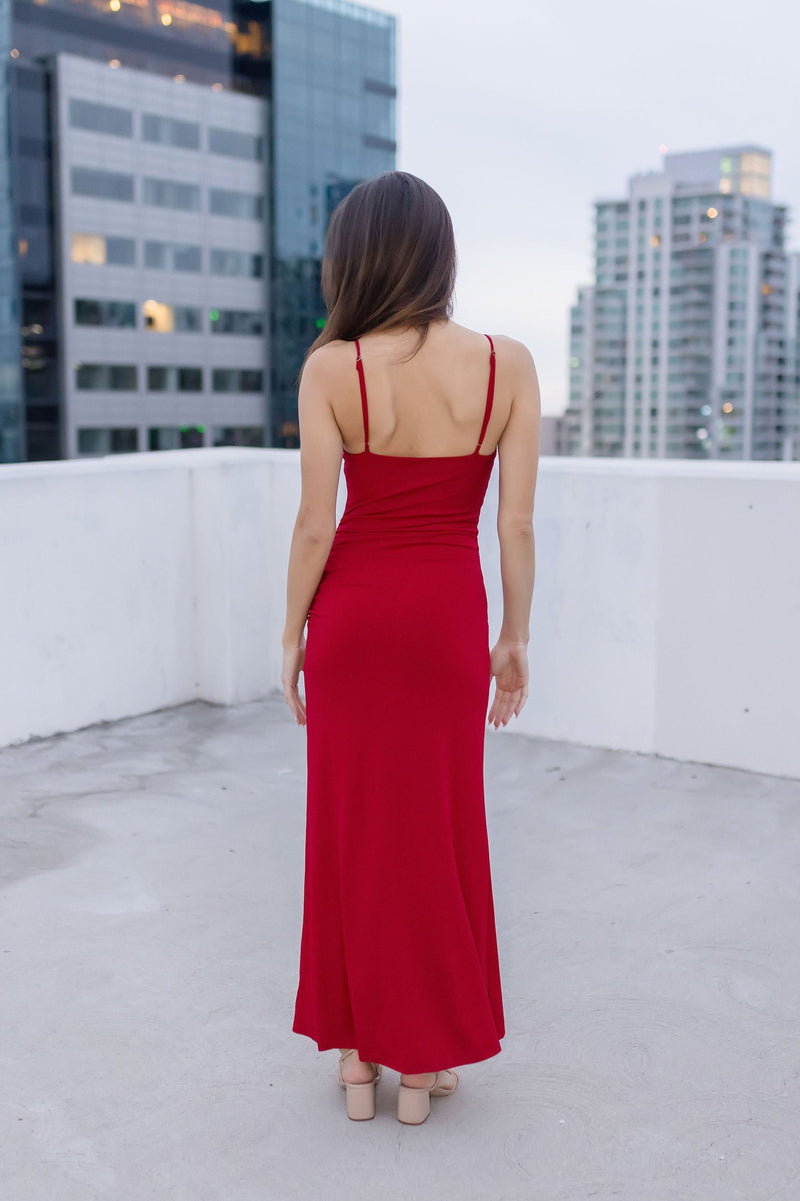 Sleeveless Cowl Neck Ruched Maxi Dress Red