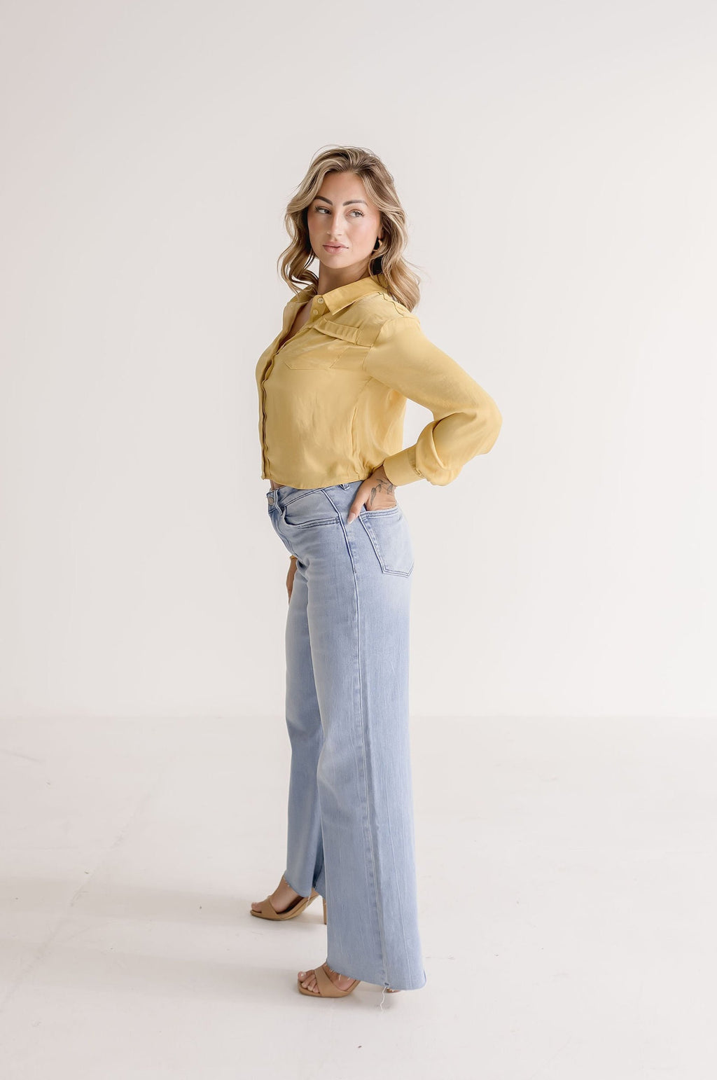 Long Sleeve Button Down Cropped Satin Top Yellow