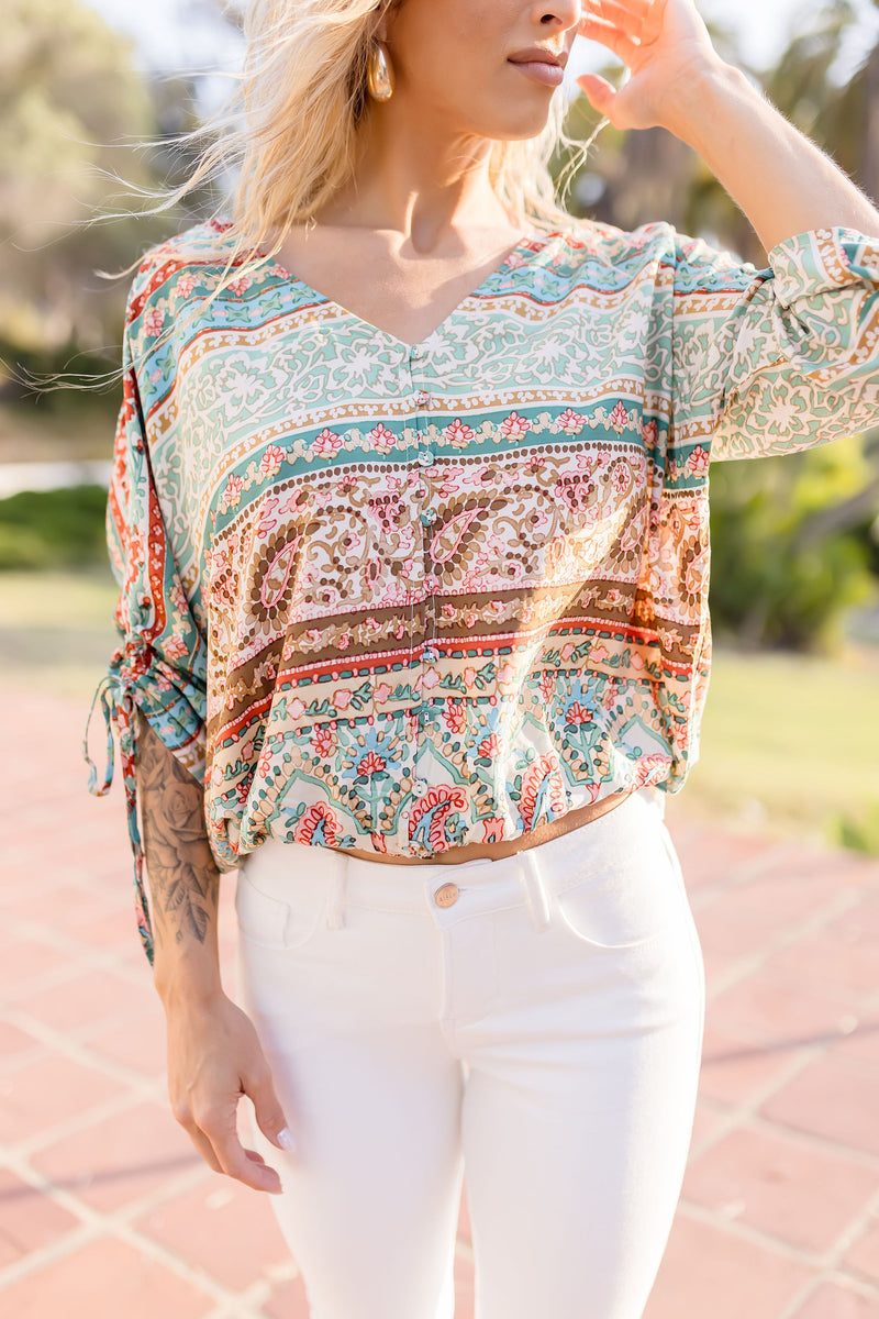  3/4 Ruched Sleeve Paisley Print Top Jade