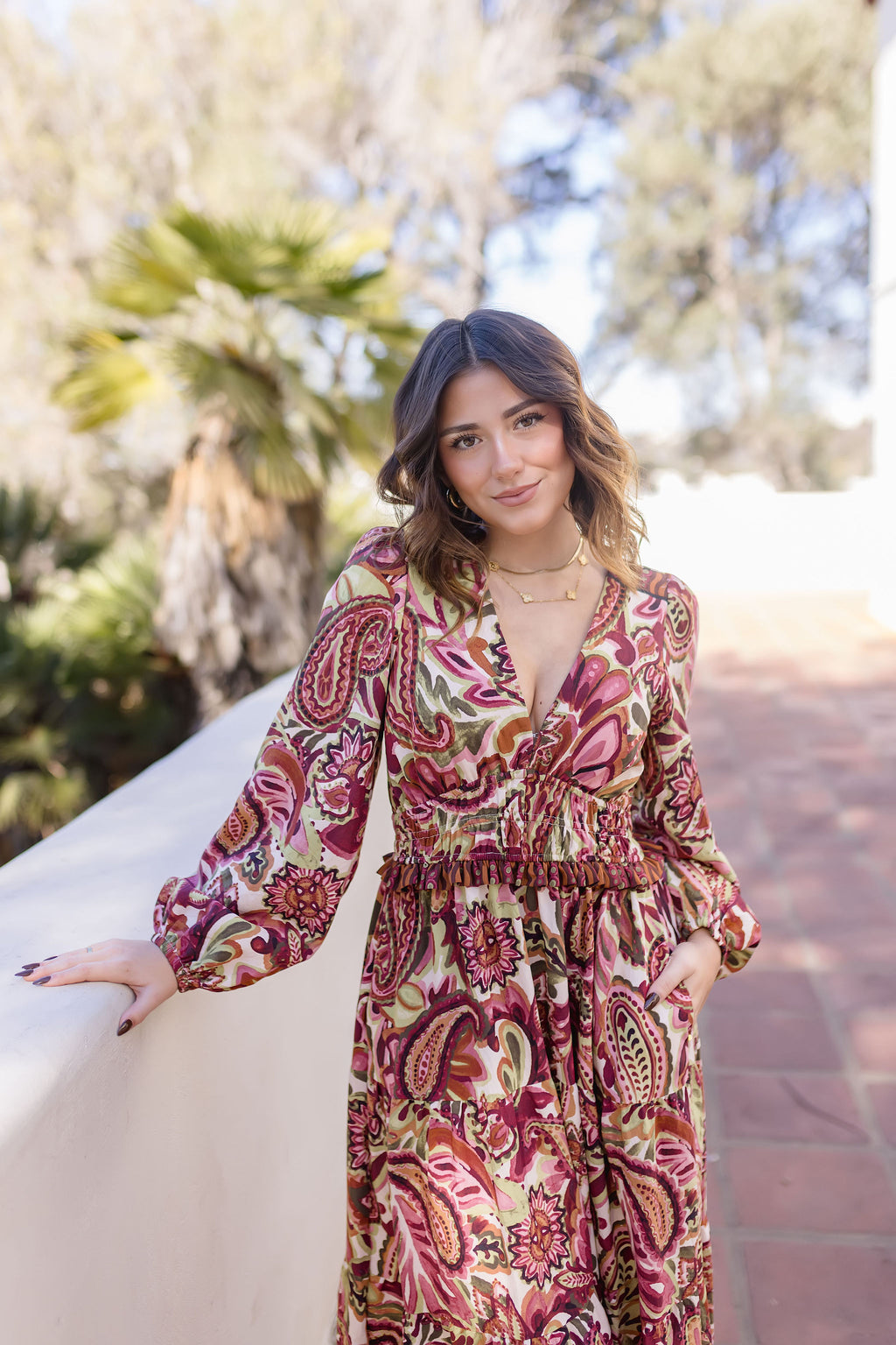 Long Sleeve Paisley Print Tiered Maxi Dress Rust