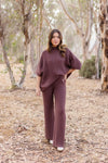 Short Sleeve Mock Neck Ribbed Sweater Top And Pants Set Brown