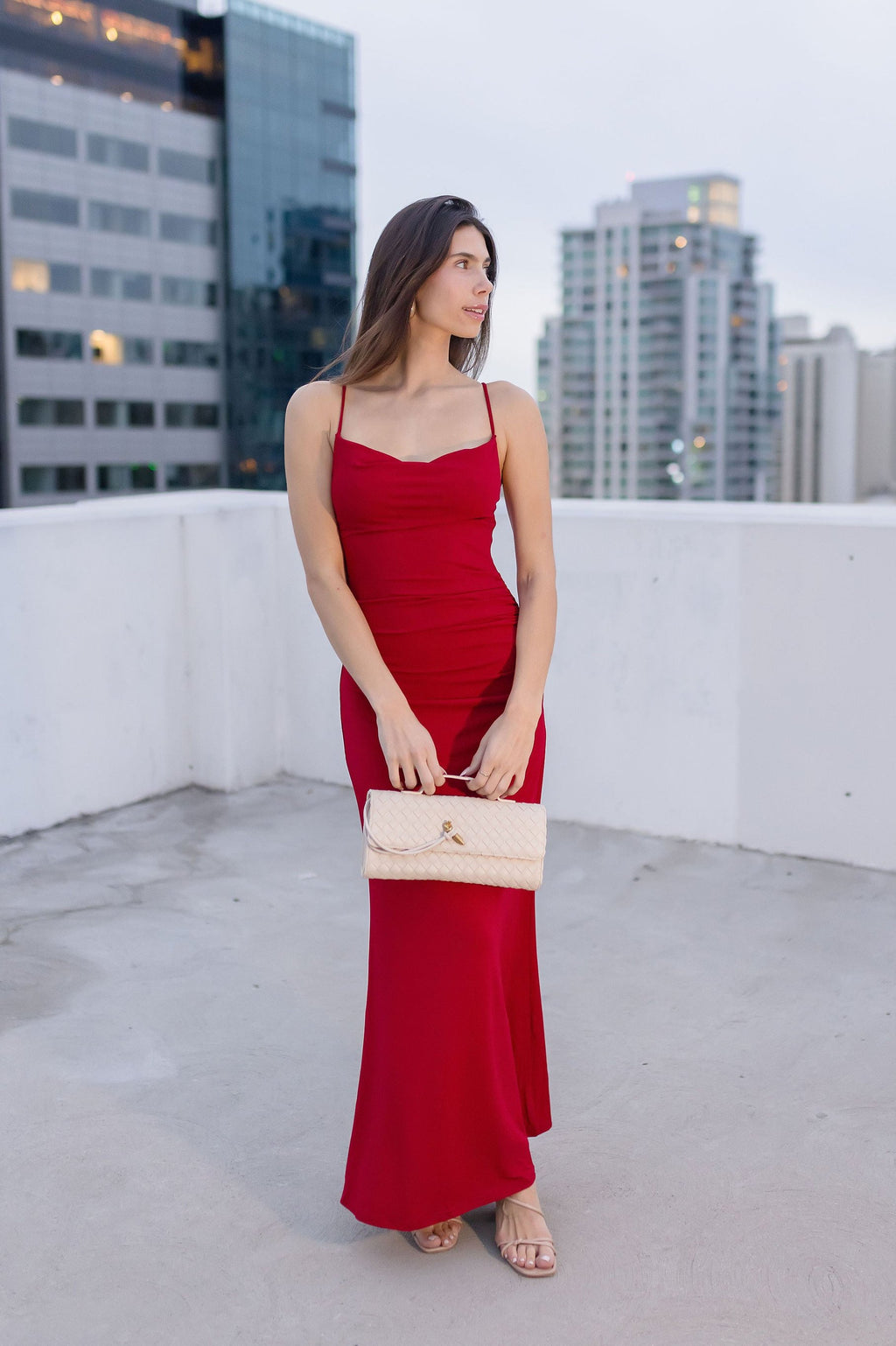 Sleeveless Cowl Neck Ruched Maxi Dress Red