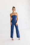 Sleeveless Back Tie Wide Leg Denim Jumpsuit Dark Wash