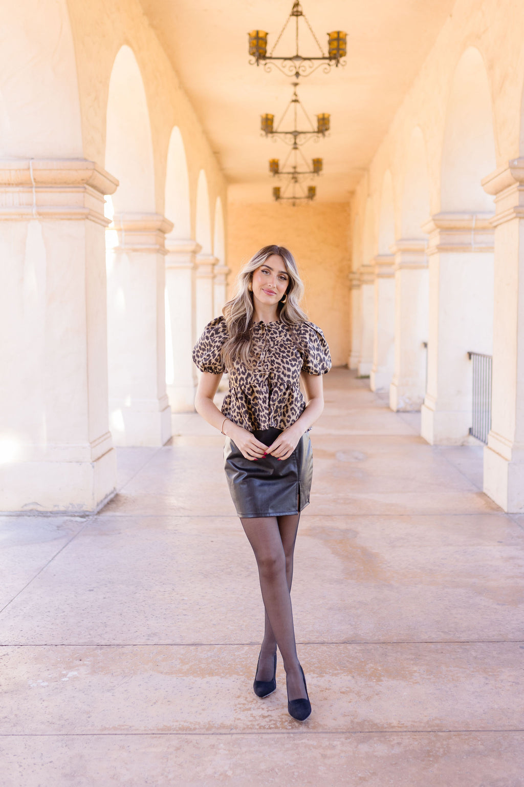 Arlene Short Puff Sleeve Leopard Print Bow Tie Peplum Top Brown