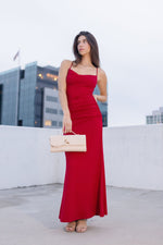 Sleeveless Cowl Neck Ruched Maxi Dress Red