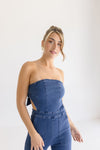 Sleeveless Back Tie Wide Leg Denim Jumpsuit Dark Wash