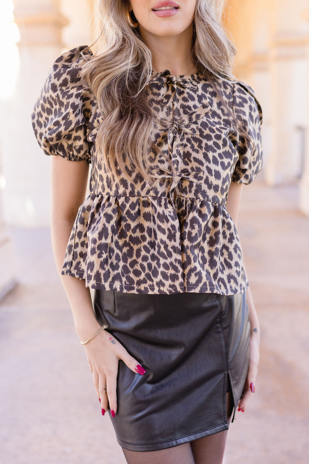 Short Puff Sleeve Leopard Print Bow Tie Peplum Top Brown