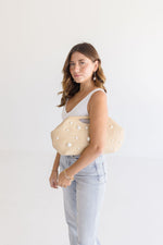 Hudson Straw Pearl Studded Clutch Beige