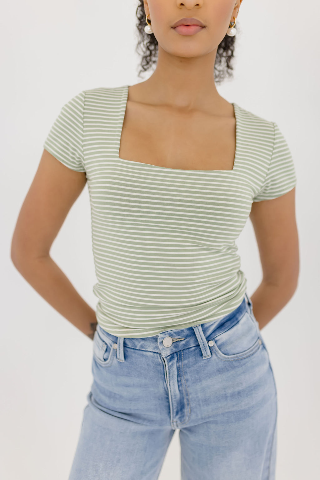 Short Sleeve Stripe Print Double Lined Top Green