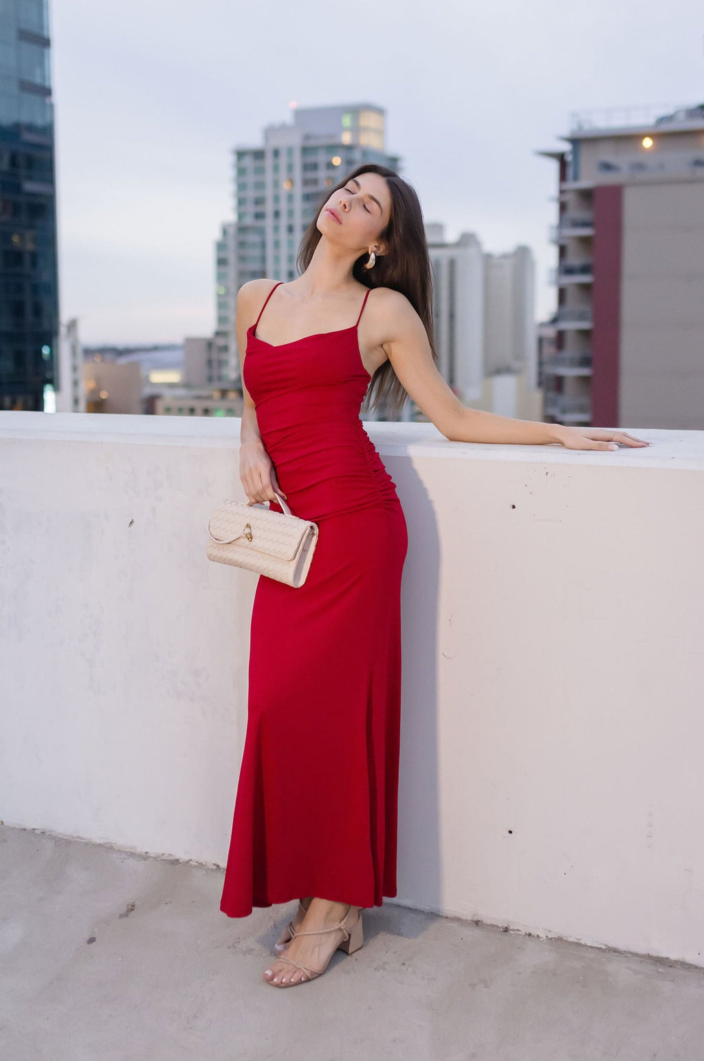 Sleeveless Cowl Neck Ruched Maxi Dress Red