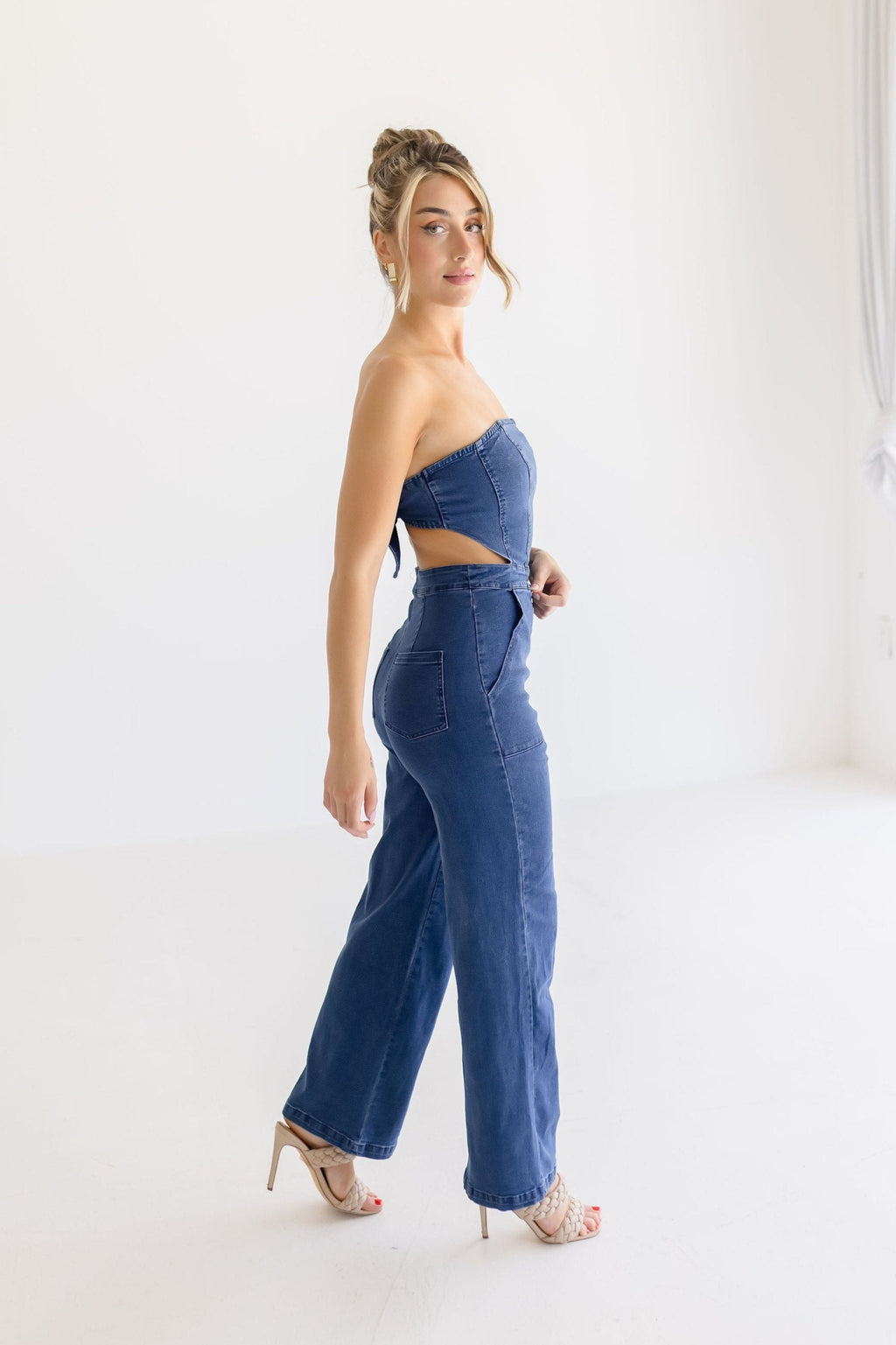 Sleeveless Back Tie Wide Leg Denim Jumpsuit Dark Wash