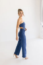 Sleeveless Back Tie Wide Leg Denim Jumpsuit Dark Wash