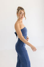 Sleeveless Back Tie Wide Leg Denim Jumpsuit Dark Wash