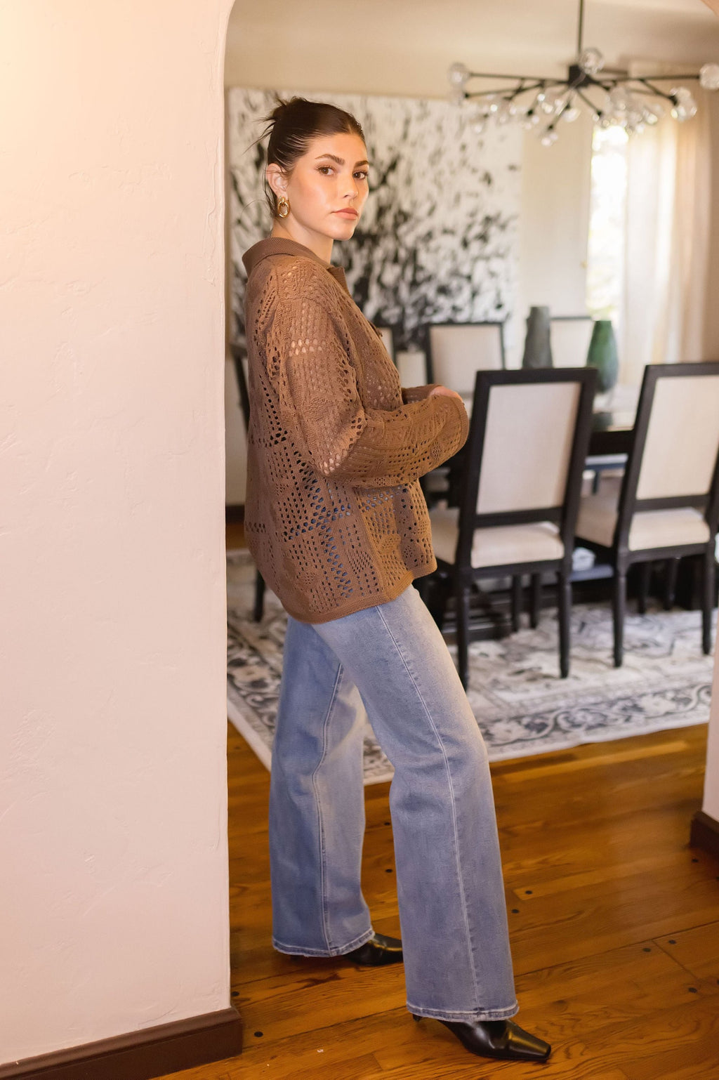 Long Sleeve Button Down Crochet Cardigan Top Brown