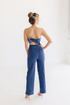 Sleeveless Back Tie Wide Leg Denim Jumpsuit Dark Wash