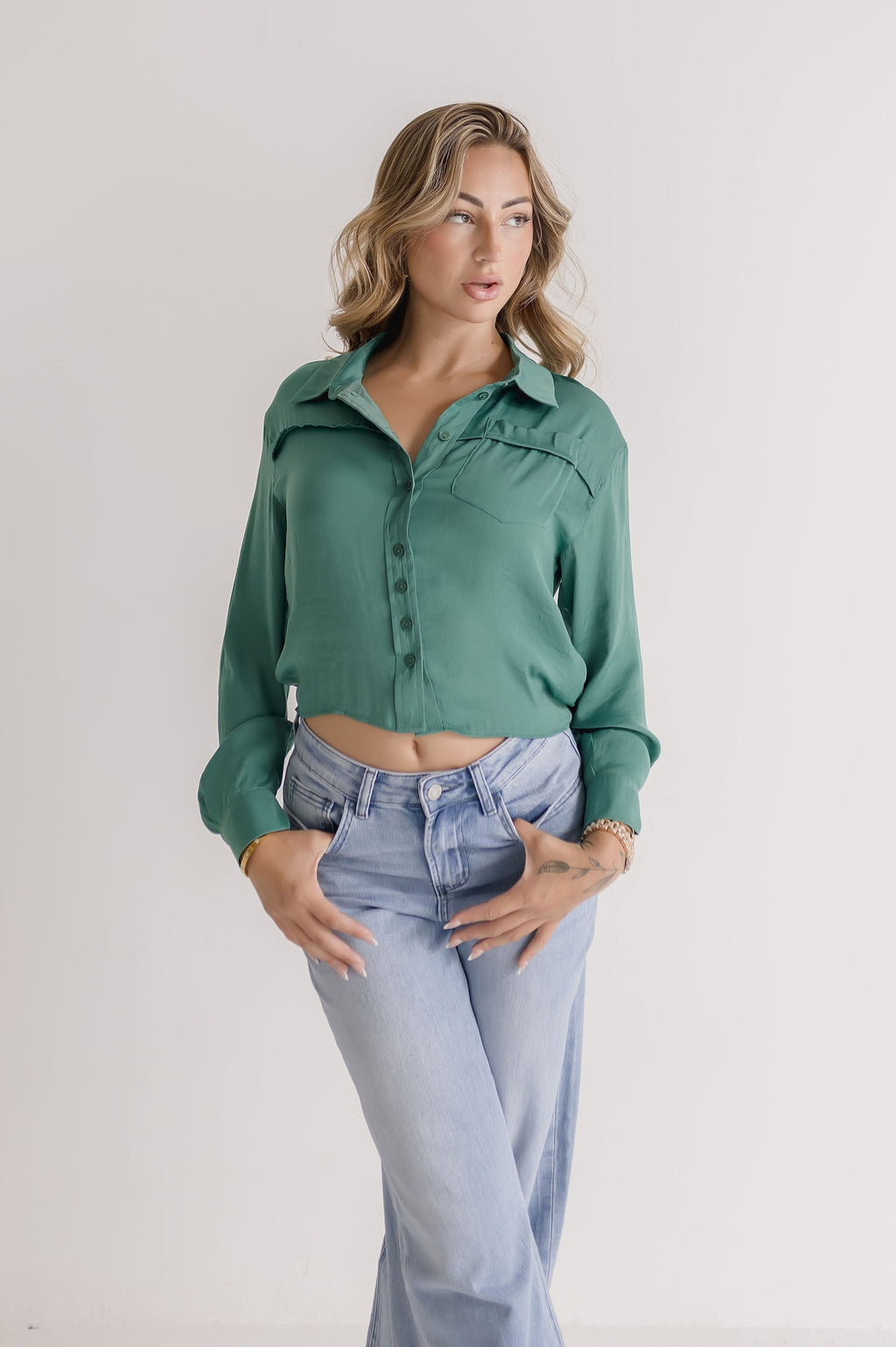 Long Sleeve Button Down Cropped Satin Top Green