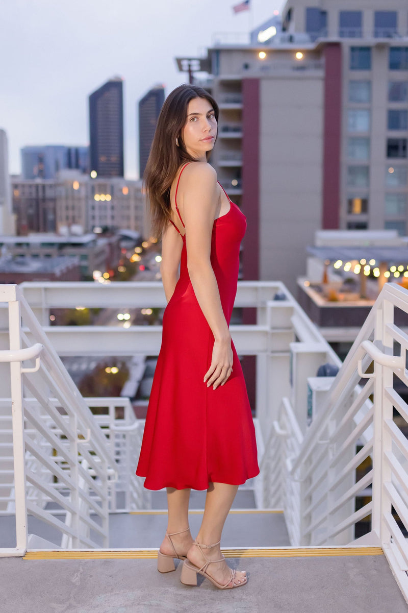 Sleeveless Chest Cut Out Satin Midi Dress Red