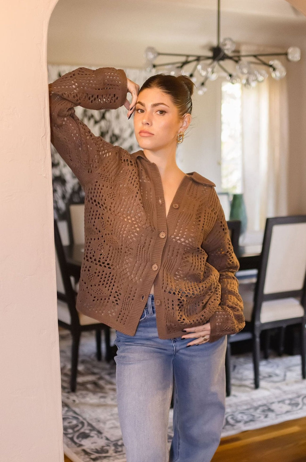 Long Sleeve Button Down Crochet Cardigan Top Brown