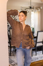 Long Sleeve Button Down Crochet Cardigan Top Brown