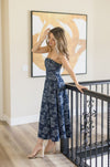 Sleeveless Floral Print Belted Denim Midi Dress Blue