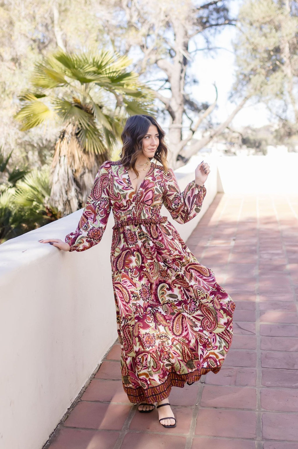 Long Sleeve Paisley Print Tiered Maxi Dress Rust