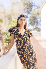 Short Flutter Sleeve Floral Print Maxi Dress Black