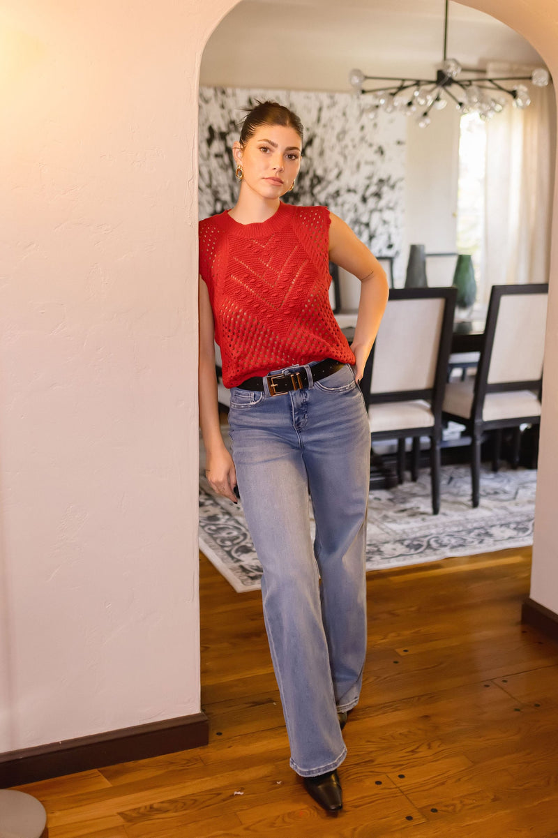  Sleeveless Crochet Knit Sweater Top Red