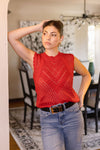  Sleeveless Crochet Knit Sweater Top Red