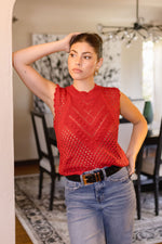  Sleeveless Crochet Knit Sweater Top Red