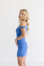 Asymmetrical Shoulder Ruched Bodycon Mini Dress Blue