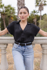 Short Sleeve Button Down Top Black