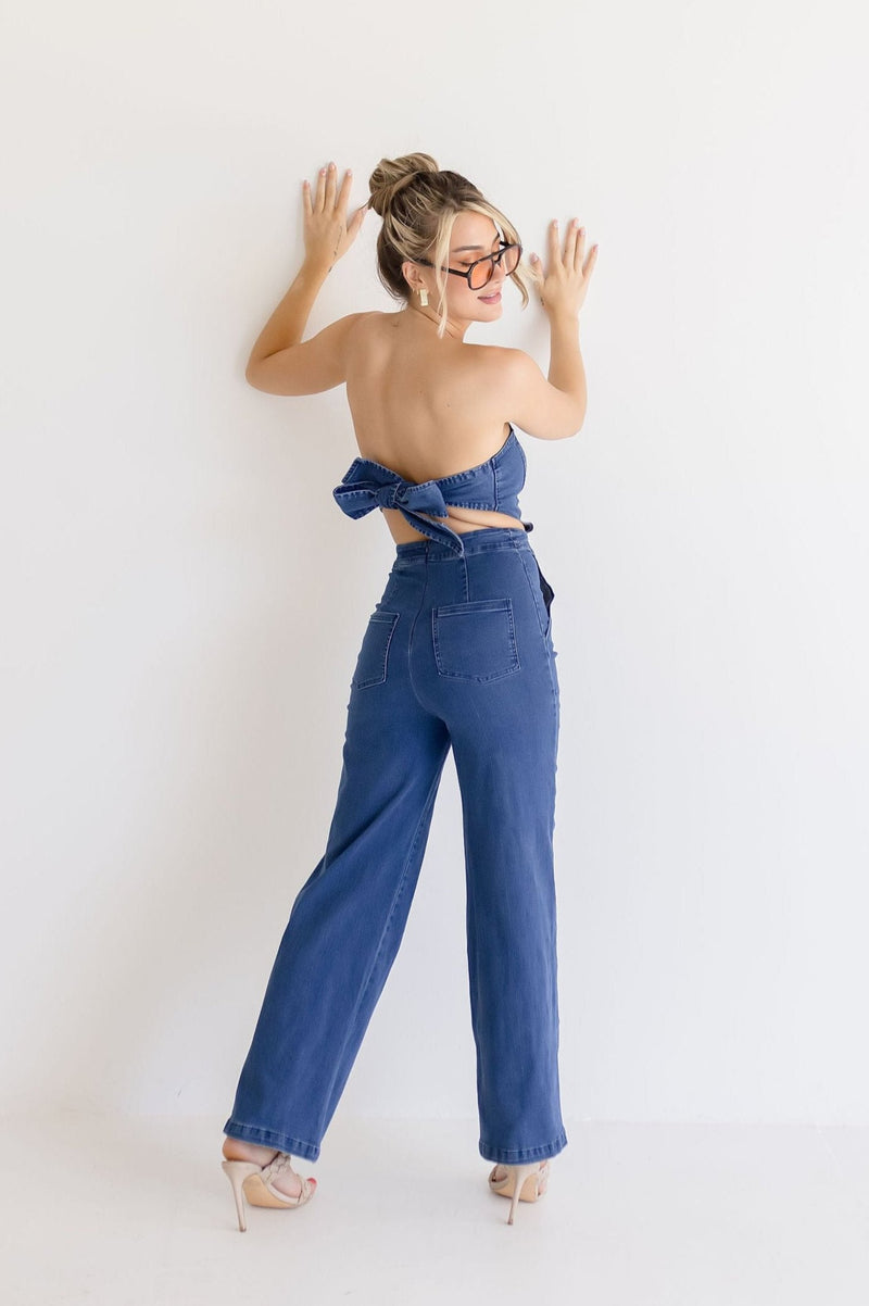 Sleeveless Back Tie Wide Leg Denim Jumpsuit Dark Wash