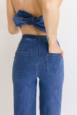 Sleeveless Back Tie Wide Leg Denim Jumpsuit Dark Wash