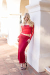 Off The Shoulder Lace Trim Mesh Top And Maxi Skirt Set Red