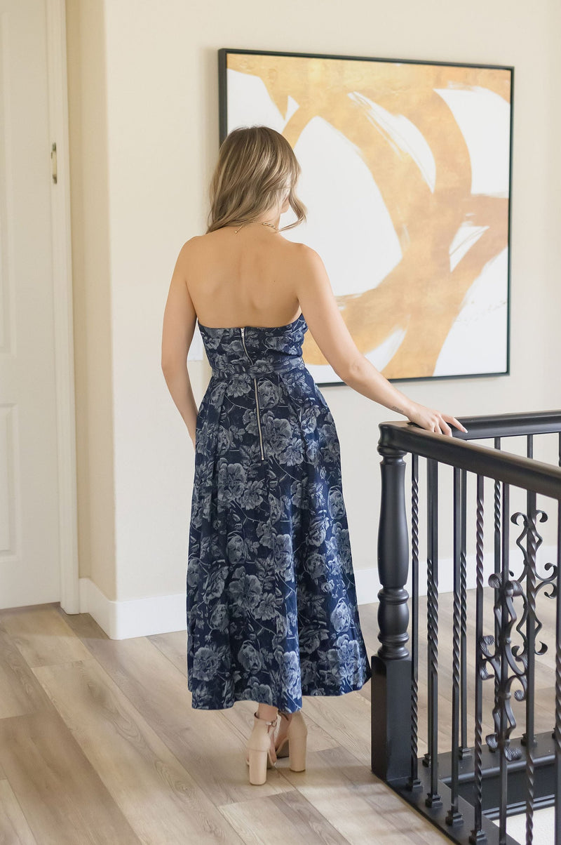 Sleeveless Floral Print Belted Denim Midi Dress Blue