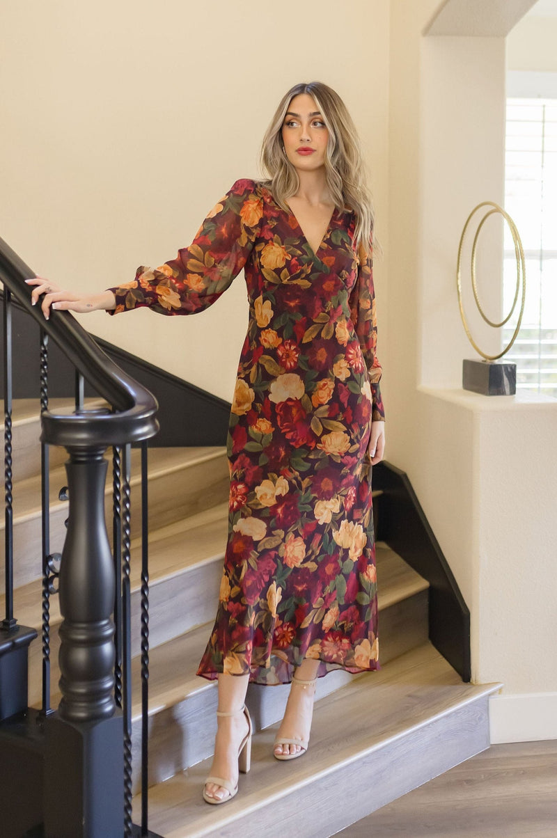 Long Sleeve Floral Print Maxi Dress Rust