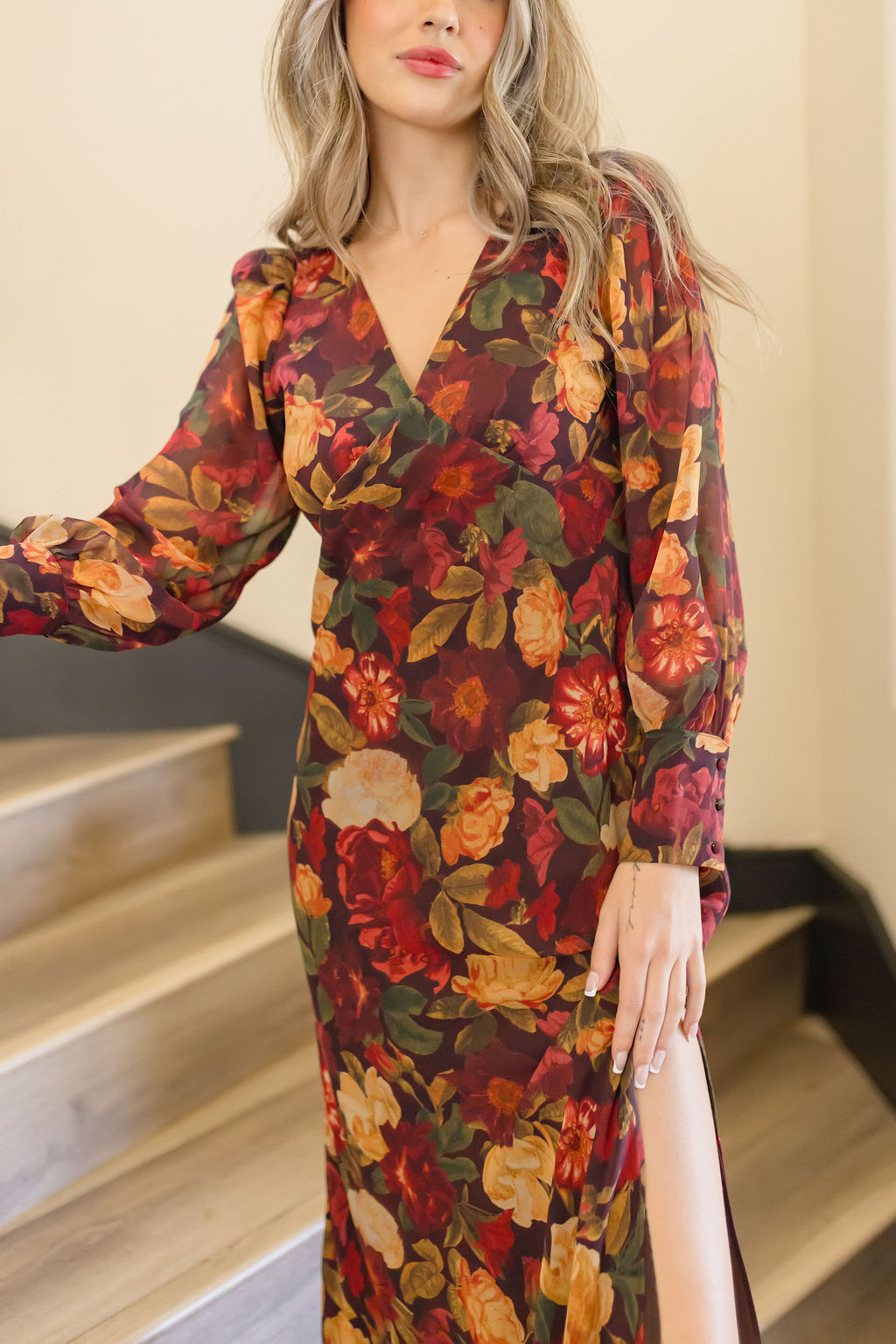 Long Sleeve Floral Print Maxi Dress Rust